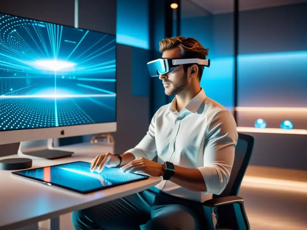 Persona usando gafas de realidad aumentada en oficina futurista con protección de patentes en realidad aumentada
