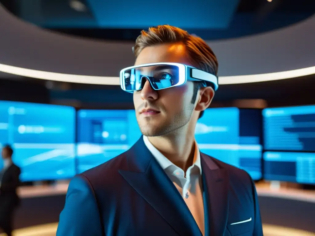 Persona con gafas de realidad aumentada en oficina futurista Persona con gafas de realidad aumentada, rodeada de tecnología futurista