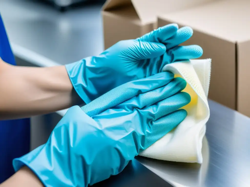 Persona con guantes de látex azules desinfectando producto con paño blanco, destacando la meticulosidad en la protección de marca en Amazon