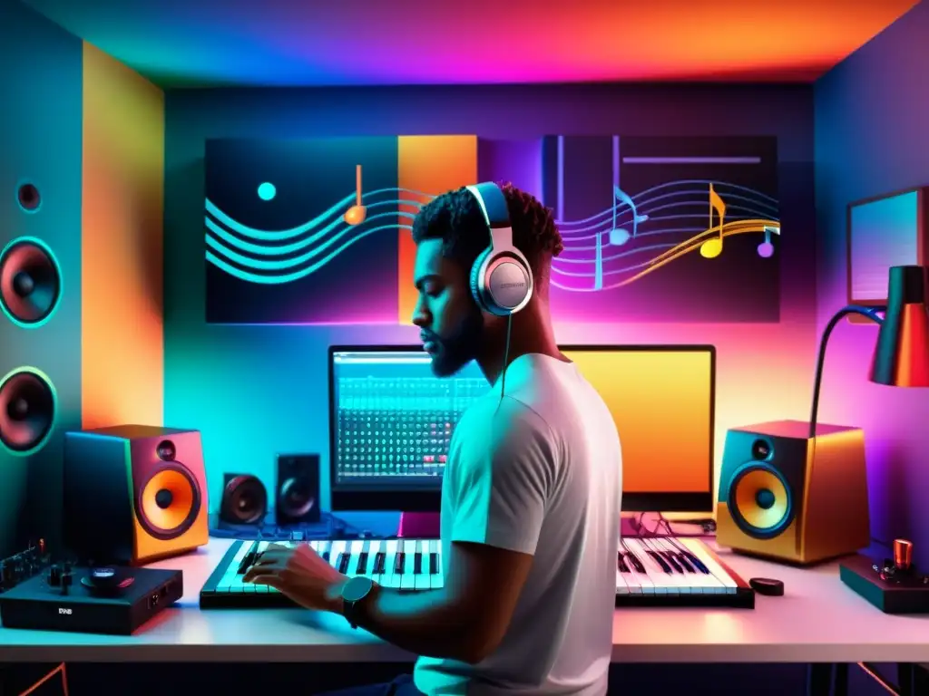 Persona creando música en estudio casero, rodeada de instrumentos, computadora y equipo de grabación