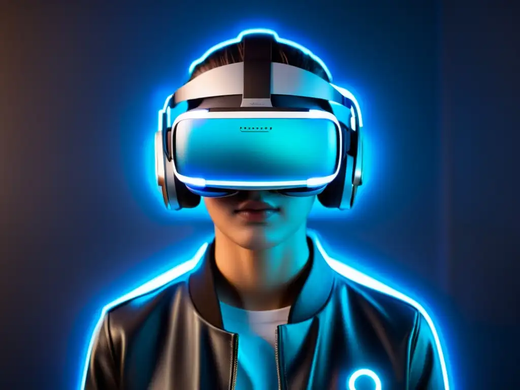 Persona profesional usando un headset de realidad virtual futurista con hologramas de personajes de videojuegos