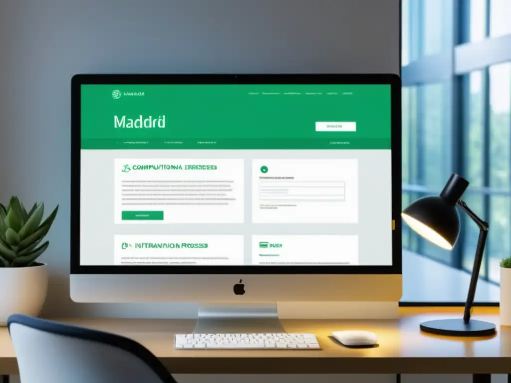 Persona realizando registro Madrid System marcas internacionales en computadora, ambiente profesional y sofisticado con luz natural