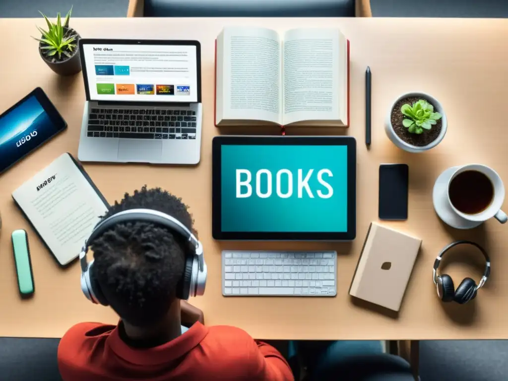 Persona rodeada de dispositivos electrónicos, libros y auriculares, creando contenido digital