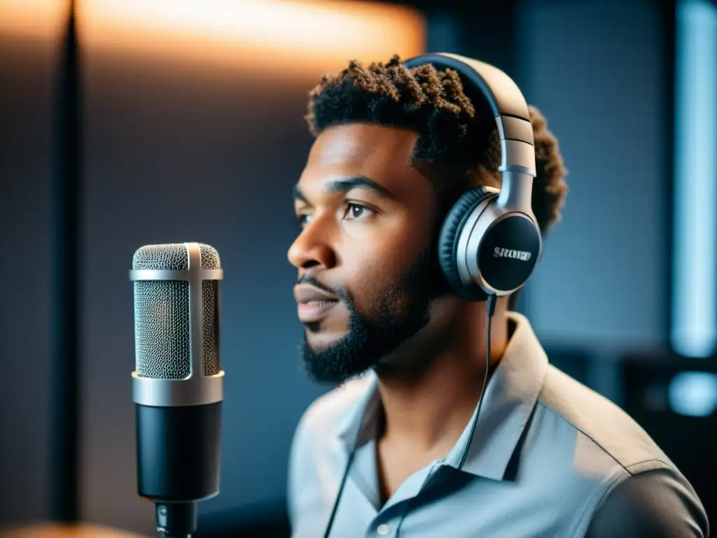 Una persona segura y profesional grabando un podcast en un estudio moderno, con protección de marca en podcasting