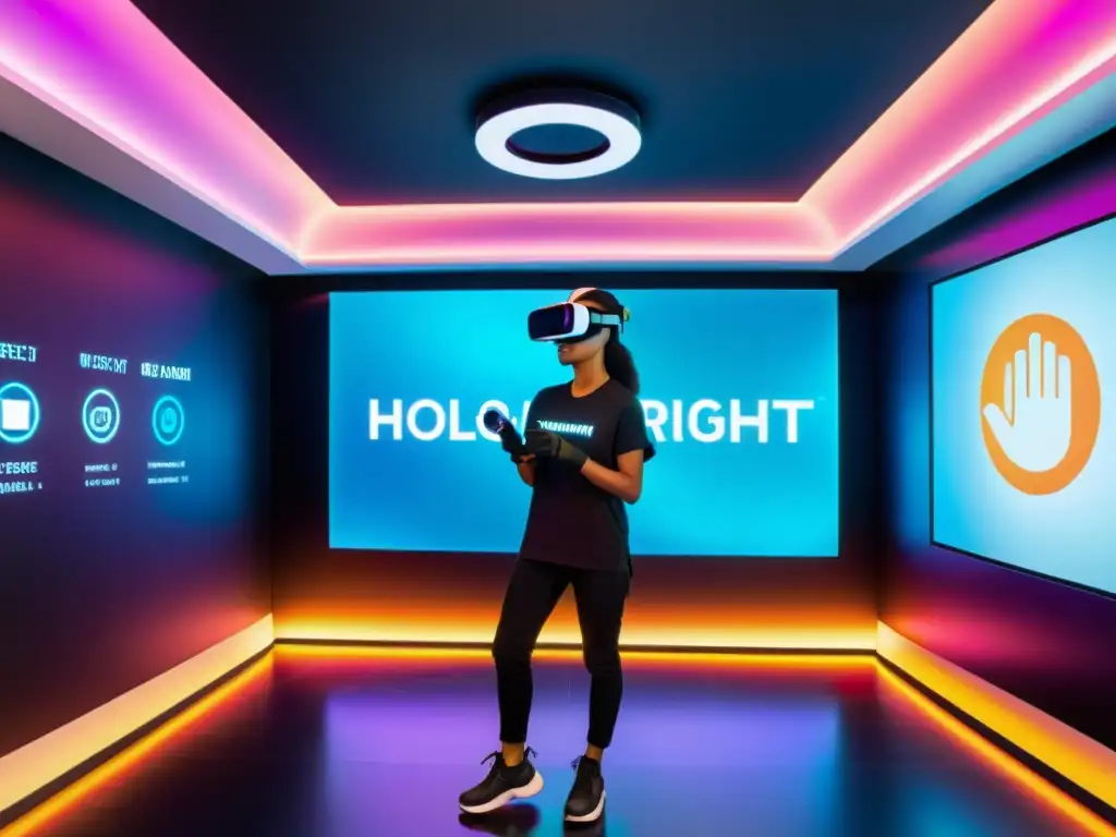 Persona en simulador de realidad virtual interactuando con símbolos de propiedad intelectual en un ambiente futurista y vibrante