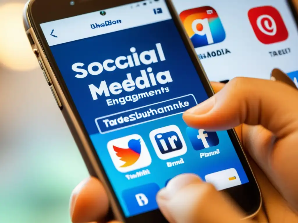 Persona usando smartphone para interactuar con marcas en redes sociales, mostrando logos y productos