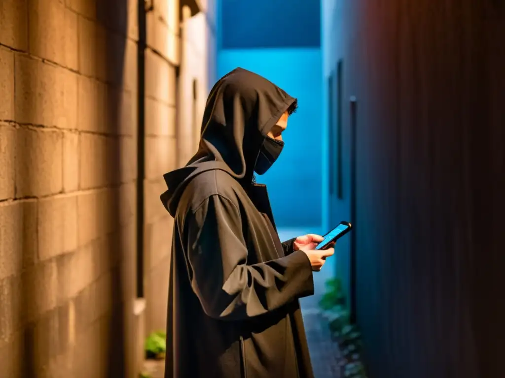 Anónimo digital: oculto en la sombra Persona en sombra con capucha usa smartphone con app VPN, transmitiendo el tema de anonimato en línea para mantenerse invisible