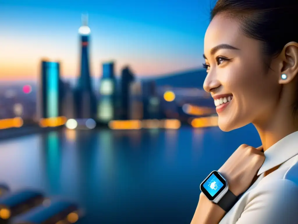 Persona sonriente interactuando con un dispositivo wearable moderno, con símbolo de seguridad, en un paisaje urbano futurista