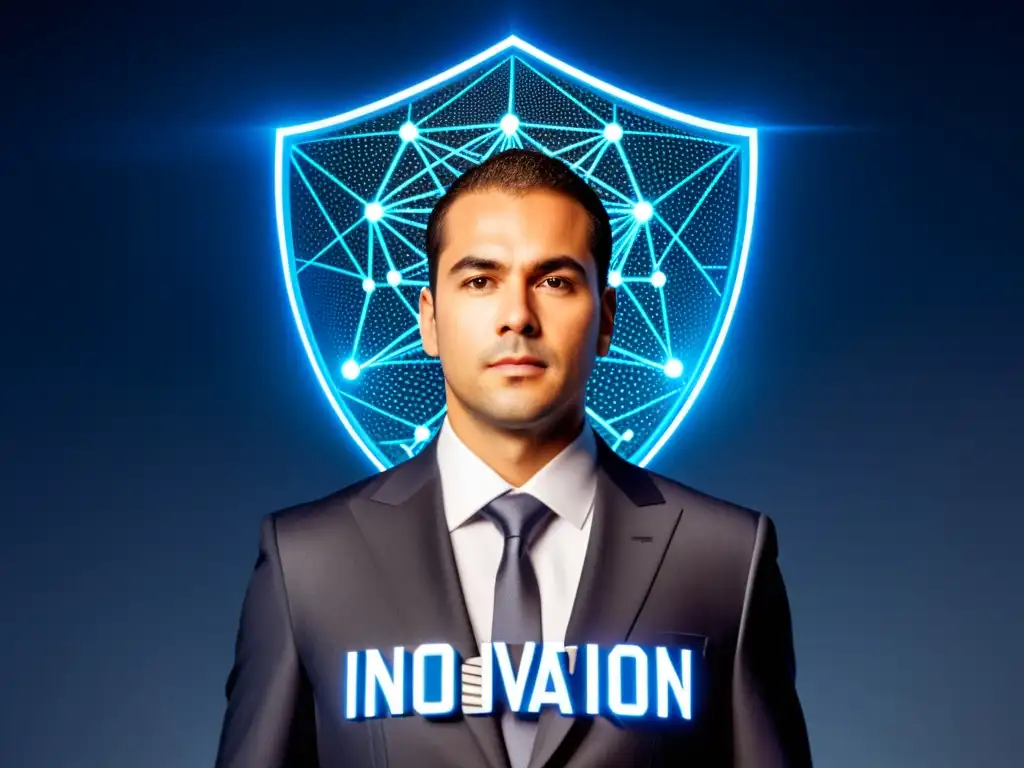 Persona en traje de negocios en ambiente futurista con escudo de 'Innovación', combatiendo patentes trolls tecnológicos con estrategias innovadoras