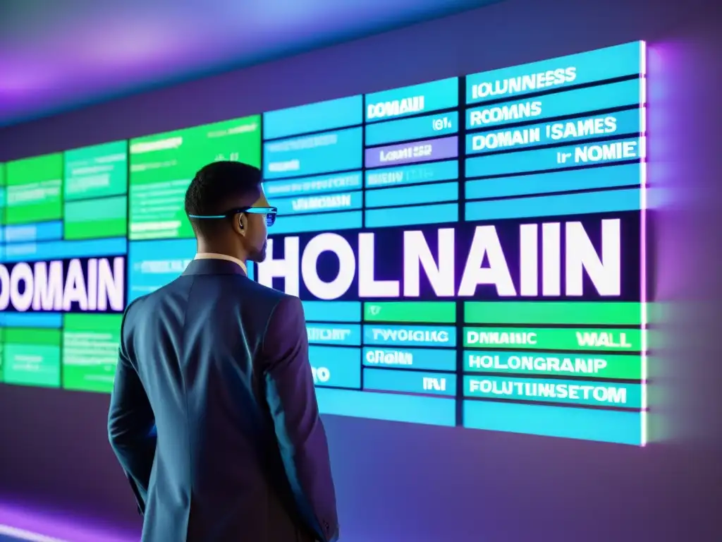 Persona en traje de negocios señalando dominios holográficos