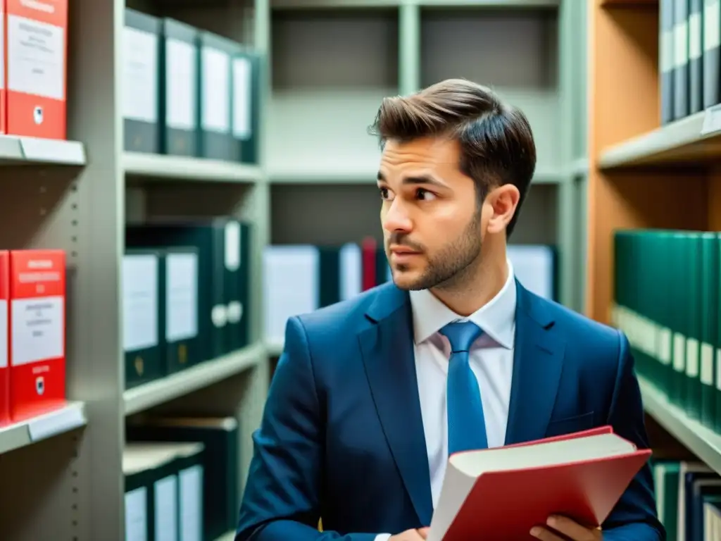 Persona en traje de negocios frustrada sostiene formulario de solicitud de marca con clasificación incorrecta resaltada