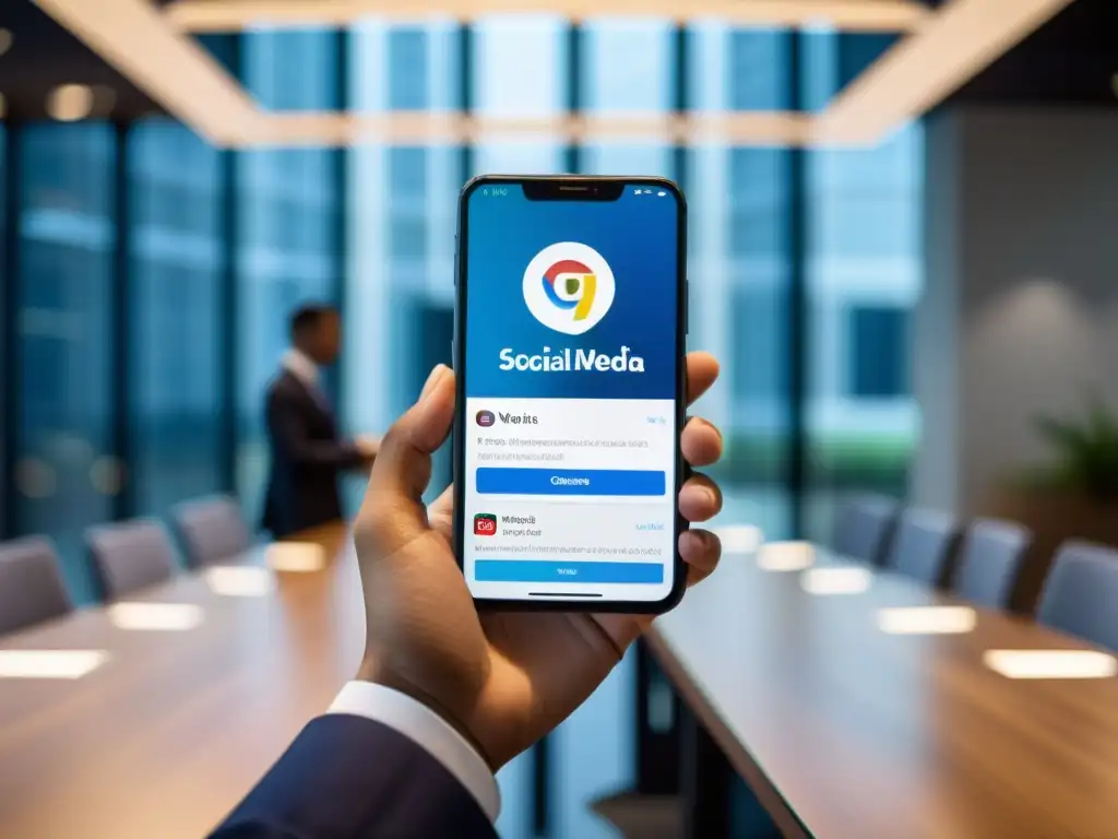 Persona con traje de negocios sostiene un smartphone con logos de redes sociales, reflejando seriedad