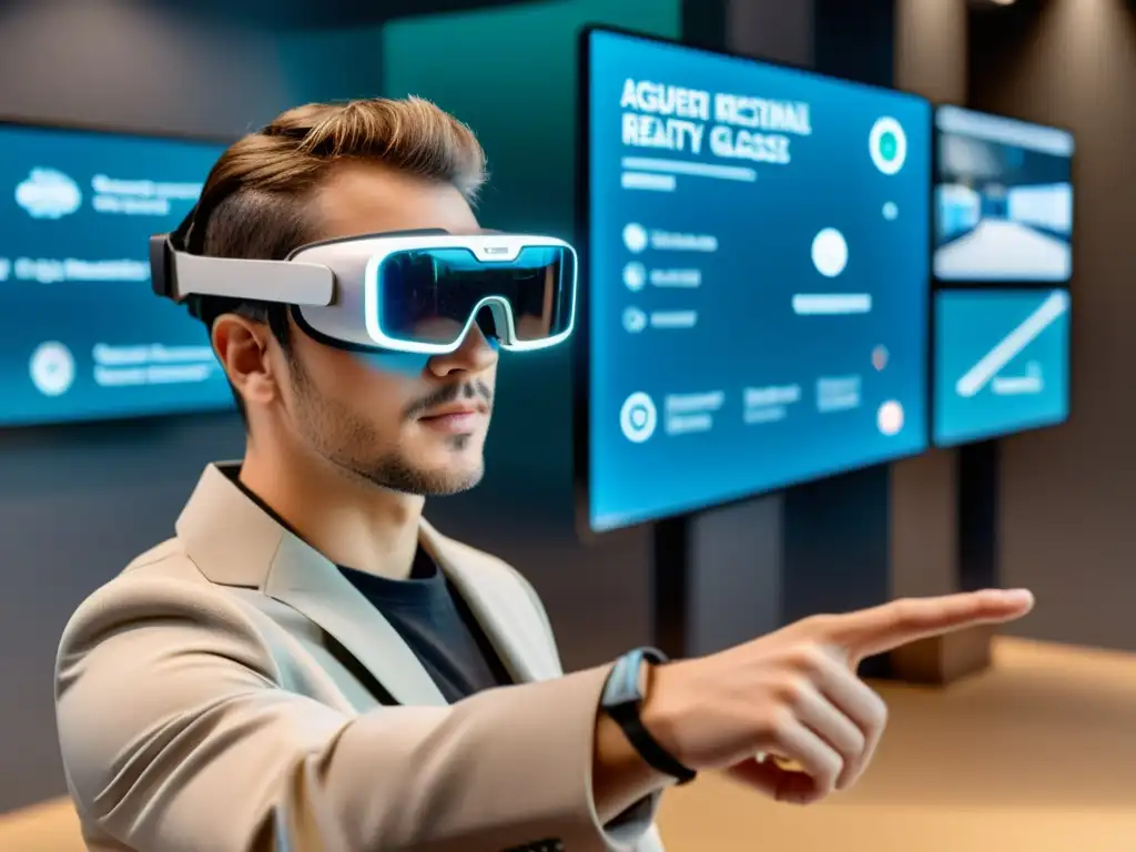 Persona utilización gafas de realidad aumentada en entorno profesional futurista