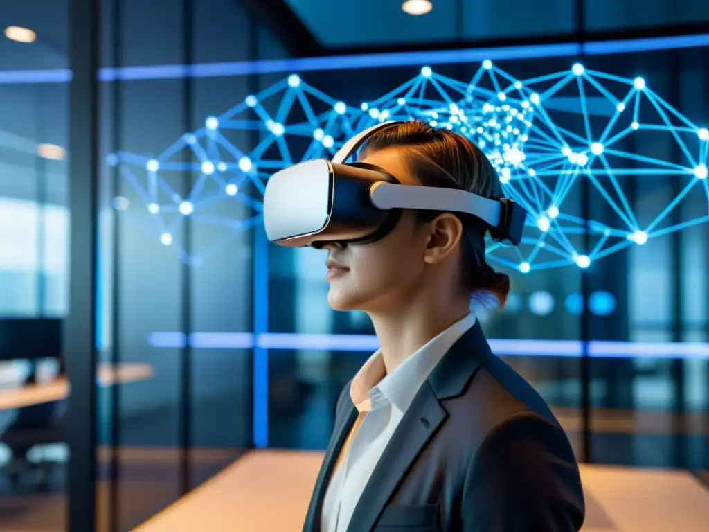 Persona con visor de realidad virtual y redes neuronales proyectadas, en entorno futurista