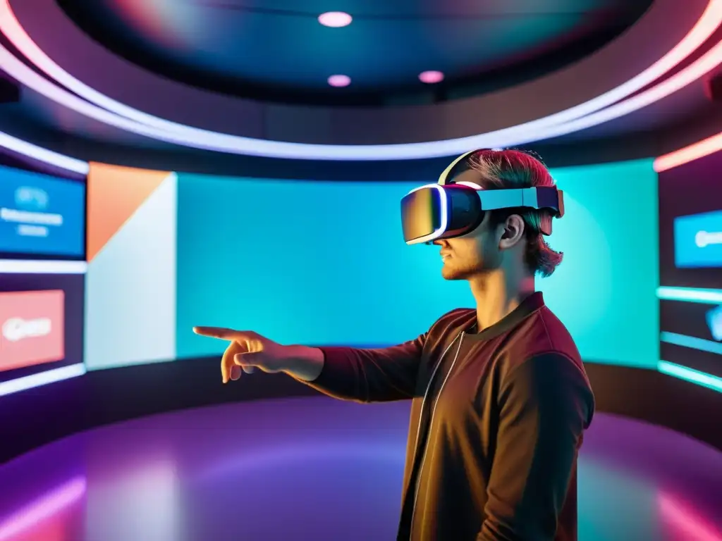 Persona usando visor de realidad virtual, interactuando con elementos virtuales en un ambiente futurista