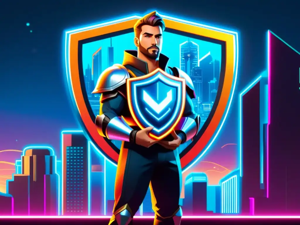 Un personaje de videojuego con escudo legal en una ciudad futurista