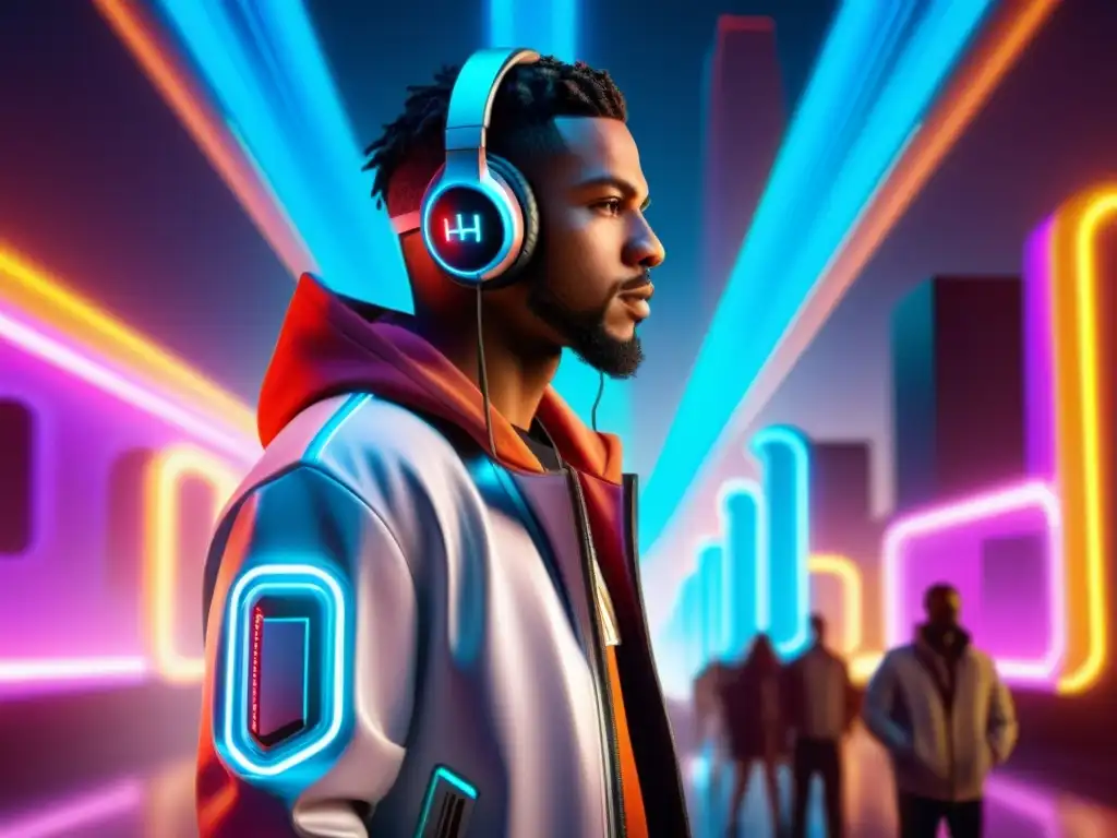Personaje de videojuego futurista en una ciudad virtual, rodeado de notas musicales y ondas de sonido, con luces neón vibrantes