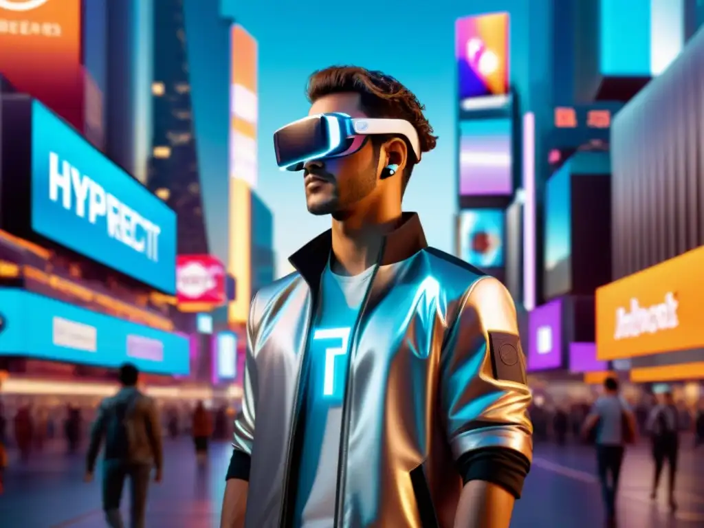 Personaje de videojuego futurista con gafas de realidad aumentada en una ciudad llena de hologramas y letreros interactivos