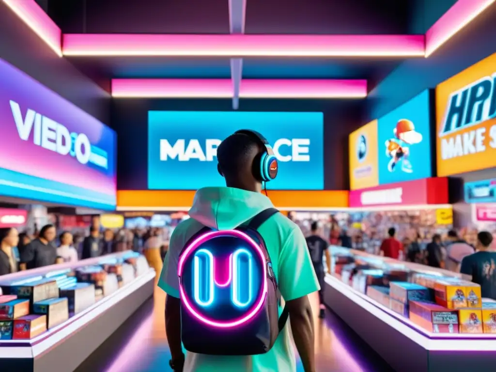 Mercado virtual vibrante con personaje de videojuego Personaje de videojuego en mercado virtual con mercancía variada