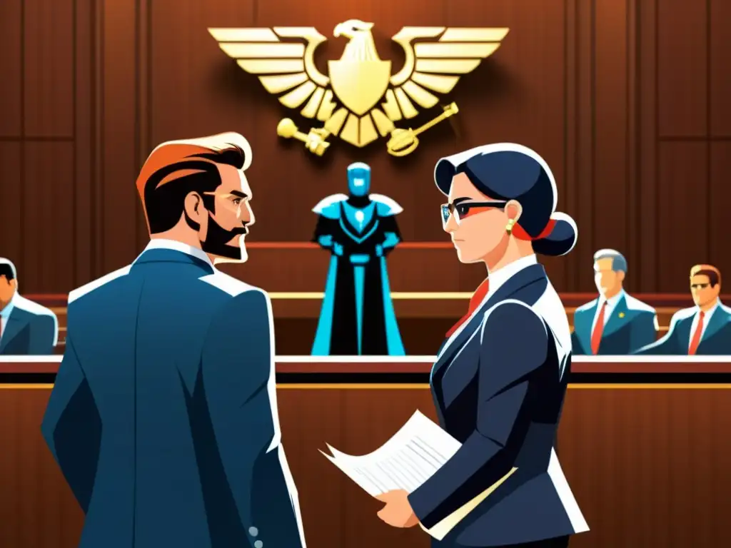 Dos personajes icónicos de videojuegos enfrentándose en un tribunal, rodeados de abogados y documentos legales