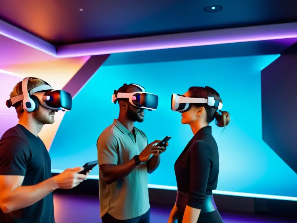 Personas interactuando con contenido inmersivo en realidad virtual, mostrando diversas oportunidades de monetización
