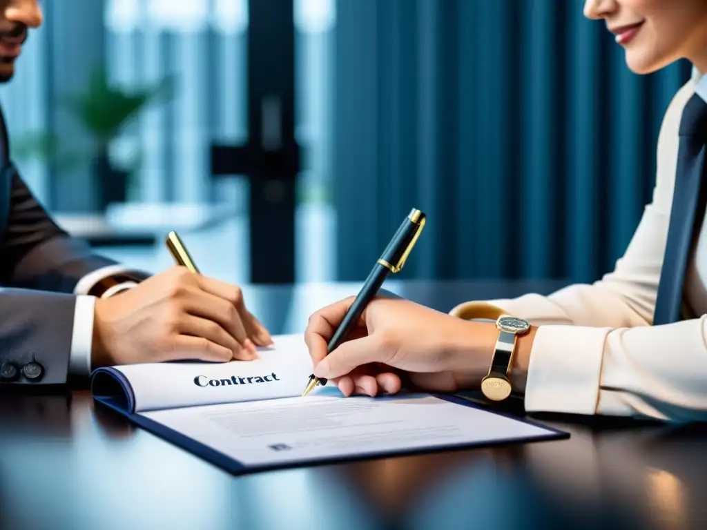 Dos personas firmando un contrato en una oficina moderna