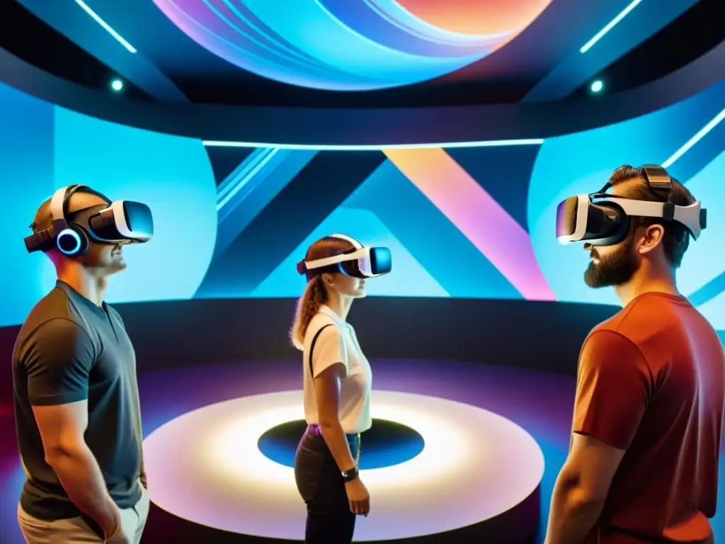 Personas experimentando entretenimiento en realidad virtual, mostrando las leyes de propiedad intelectual en VR en un entorno futurista y vibrante