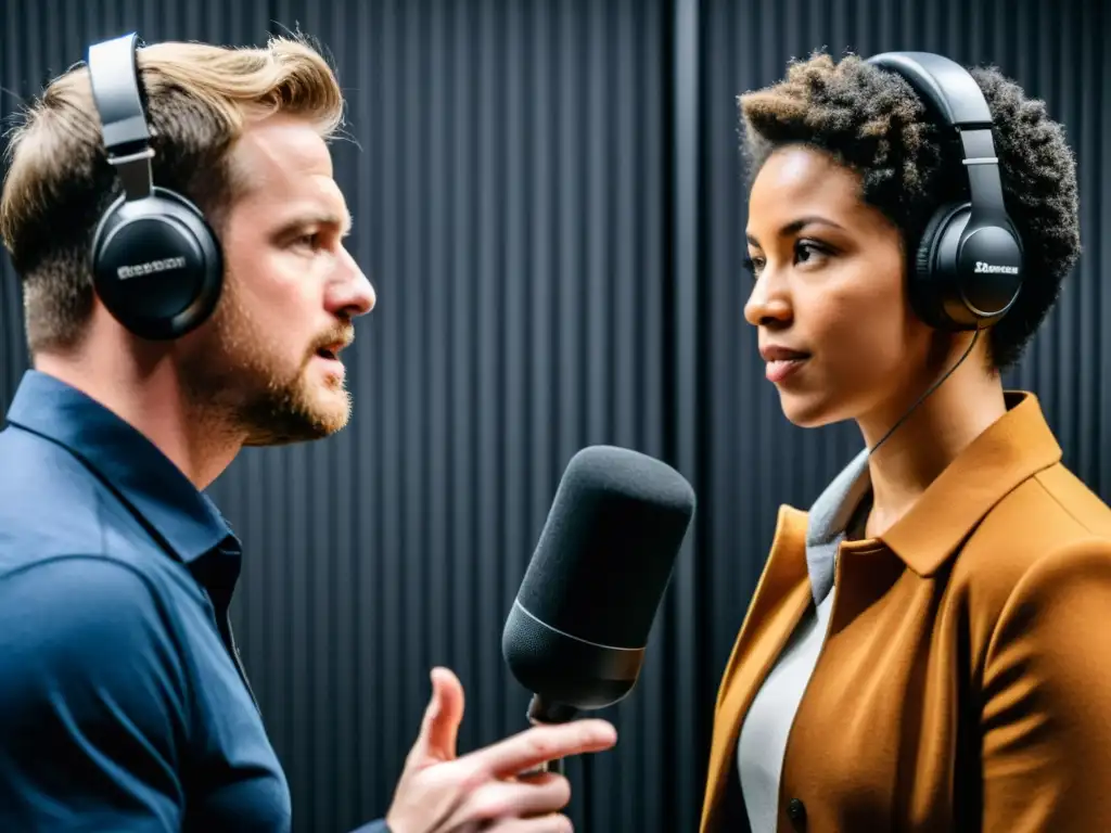 Dos personas discuten apasionadamente en un estudio de doblaje, rodeadas de equipos de grabación