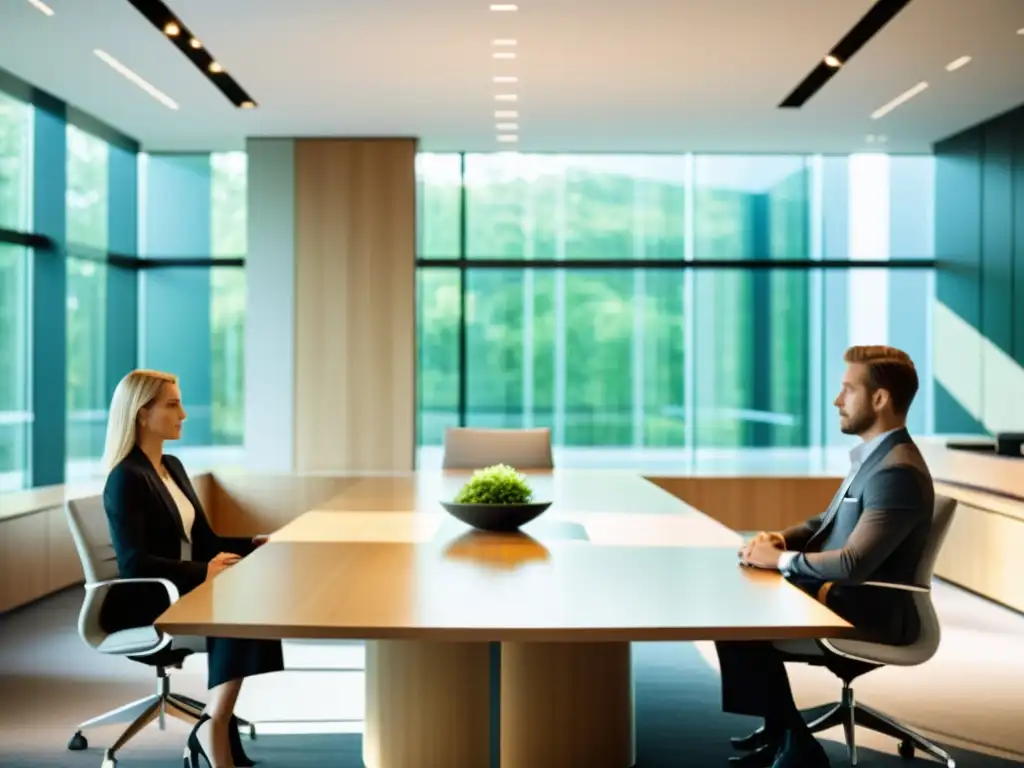 Dos personas en una sala de reuniones moderna, discutiendo de manera profesional sobre la resolución de conflictos de marcas e propiedad intelectual