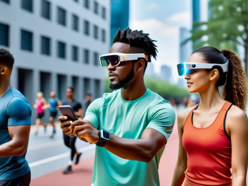 Personas usando tecnología wearable futurista en la ciudad, mostrando interfaces holográficas