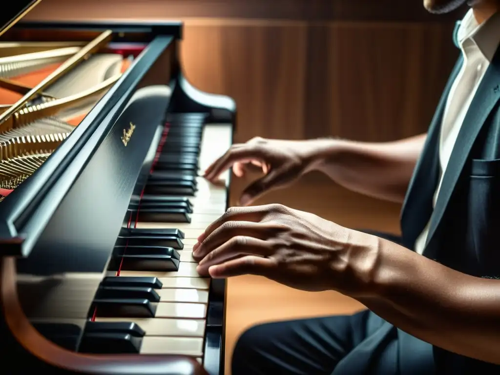 Un pianista concentra su emoción al tocar un gran piano, con un estilo moderno y dramático