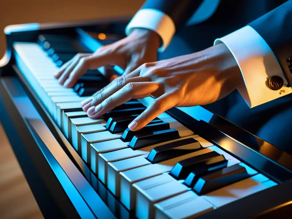 Un pianista experto ejecuta un pasaje emotivo en un piano moderno, transmitiendo la pasión y destreza en sus manos