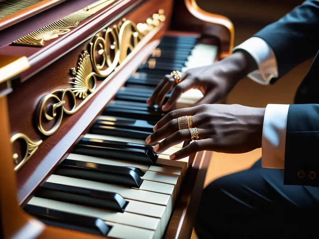 Un pianista interpreta con pasión, sus manos adornadas con joyas dan elegancia a la escena