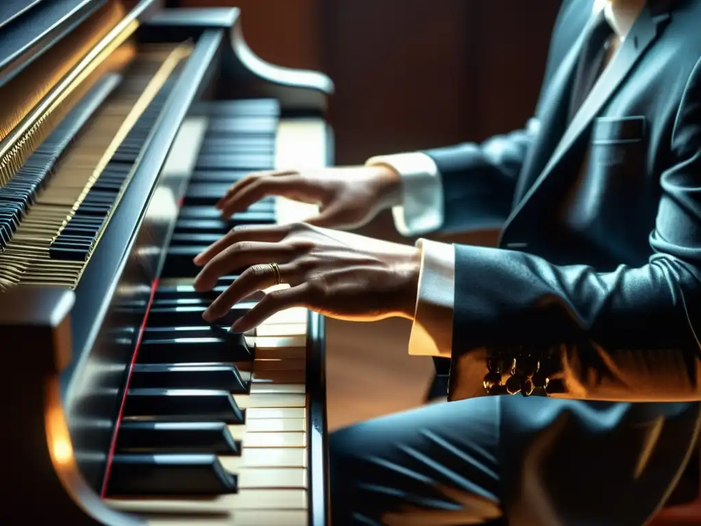 Un pianista toca con pasión el piano, sus dedos crean una melodía cautivadora