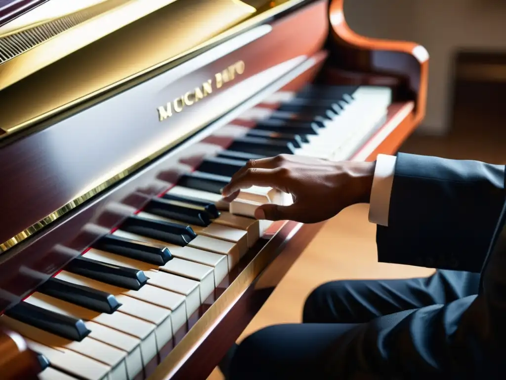 Un pianista talentoso documenta autoría obras musicales con destreza sobre un piano moderno, creando una melodía hermosa