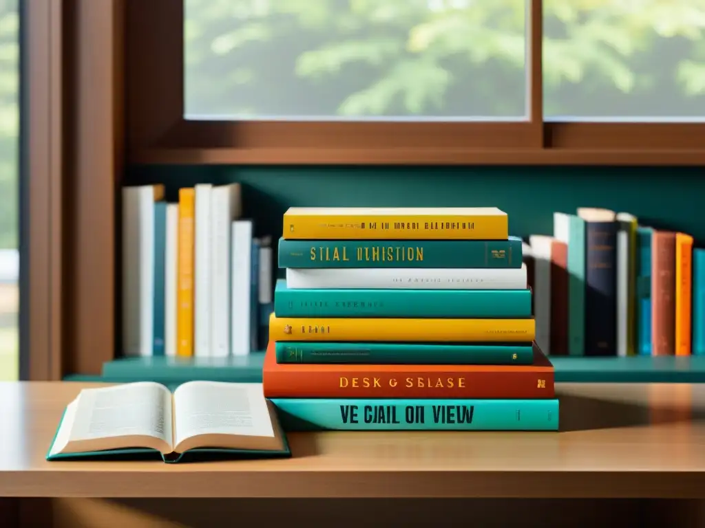 Una pila de libros literarios con portadas vibrantes en un escritorio minimalista