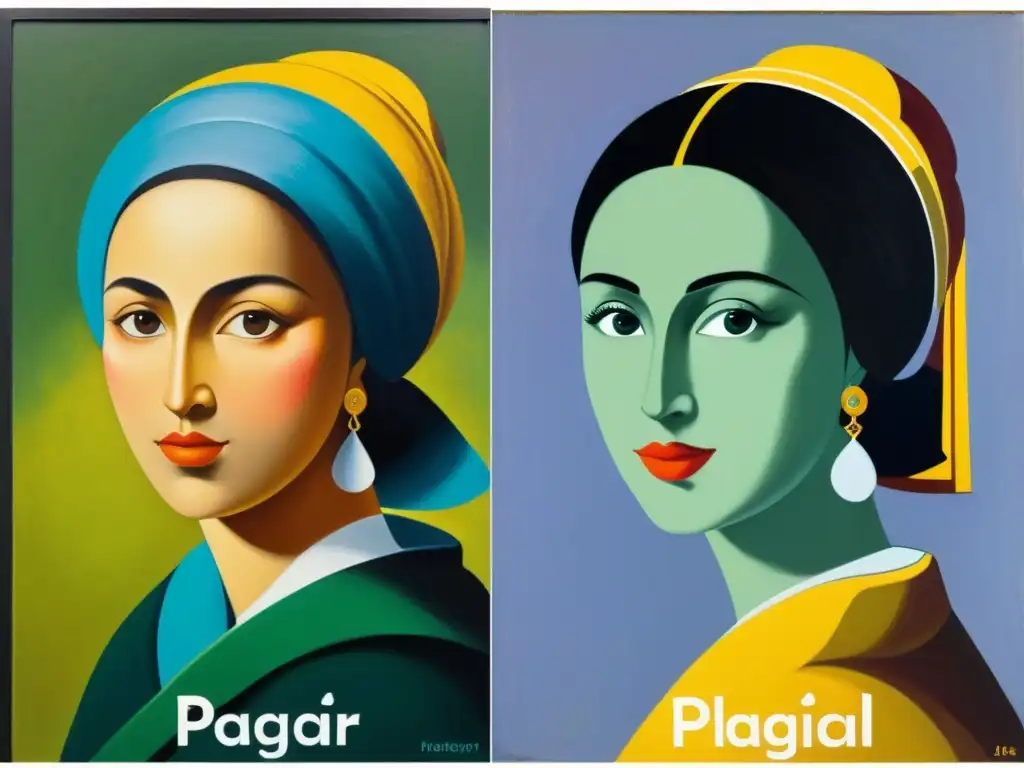 Dos pinturas detalladas y coloridas, una original y la otra plagiarizada, simbolizando los límites del plagio en la propiedad intelectual del arte