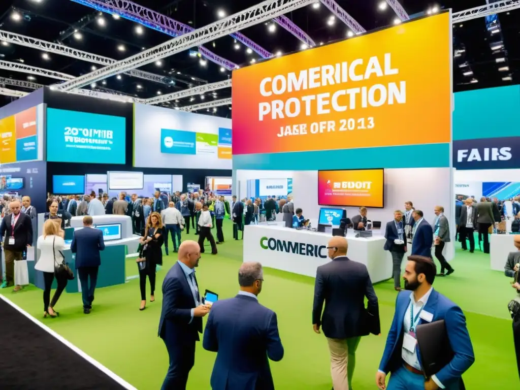 Un piso de exposición vibrante y concurrido en una feria comercial, donde la protección de la propiedad intelectual es vital