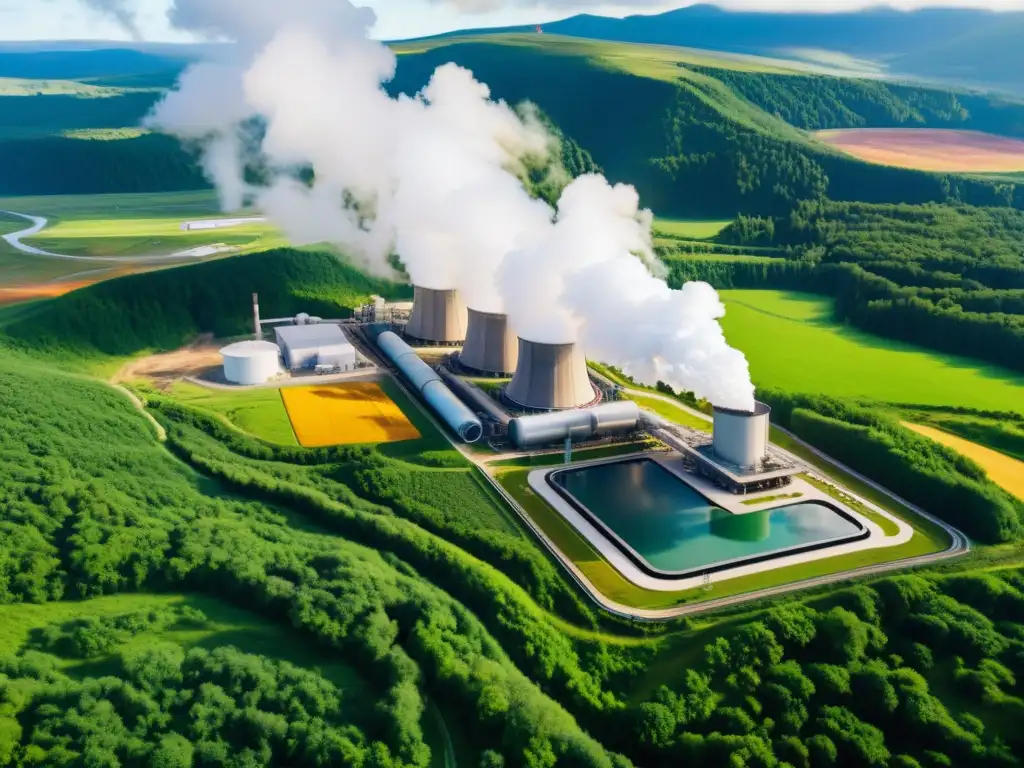 Una planta de energía geotérmica con diseño moderno y tecnología de vanguardia integrada en el paisaje natural