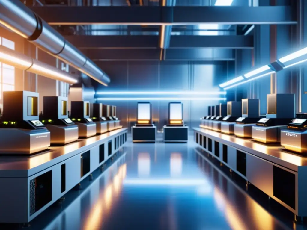 Una planta de fabricación futurista con impresoras 3D meticulosas en operación, creando un ambiente hipnótico y futurista