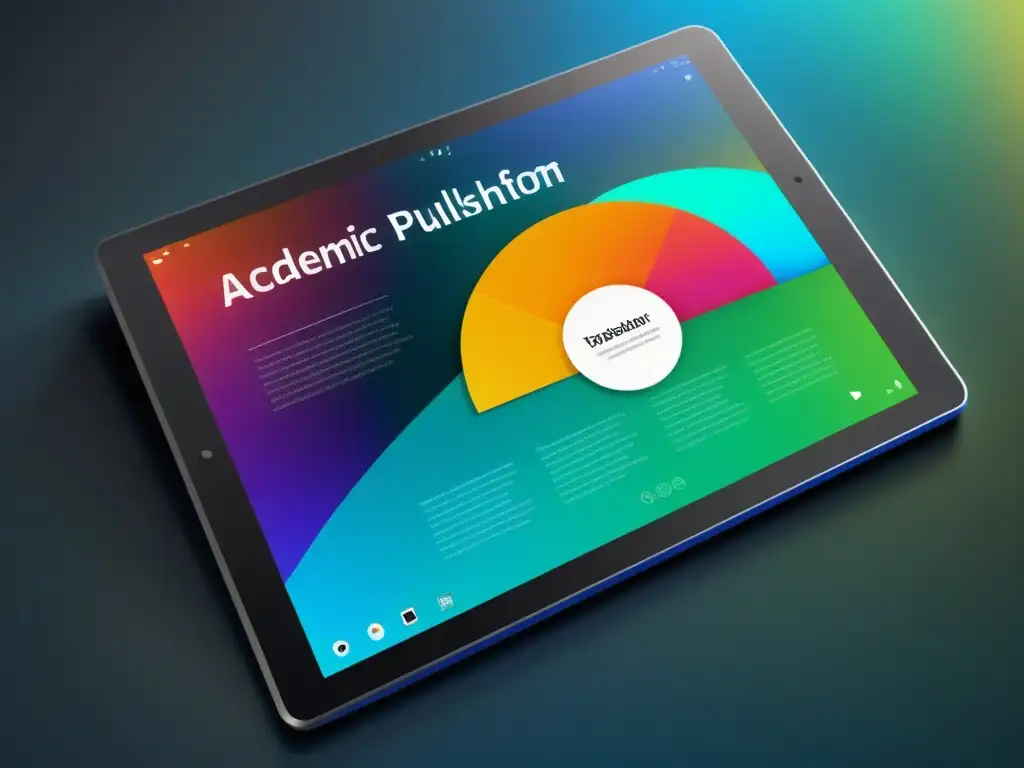 Una plataforma académica futurista en una tablet, con colores vibrantes y diseño minimalista