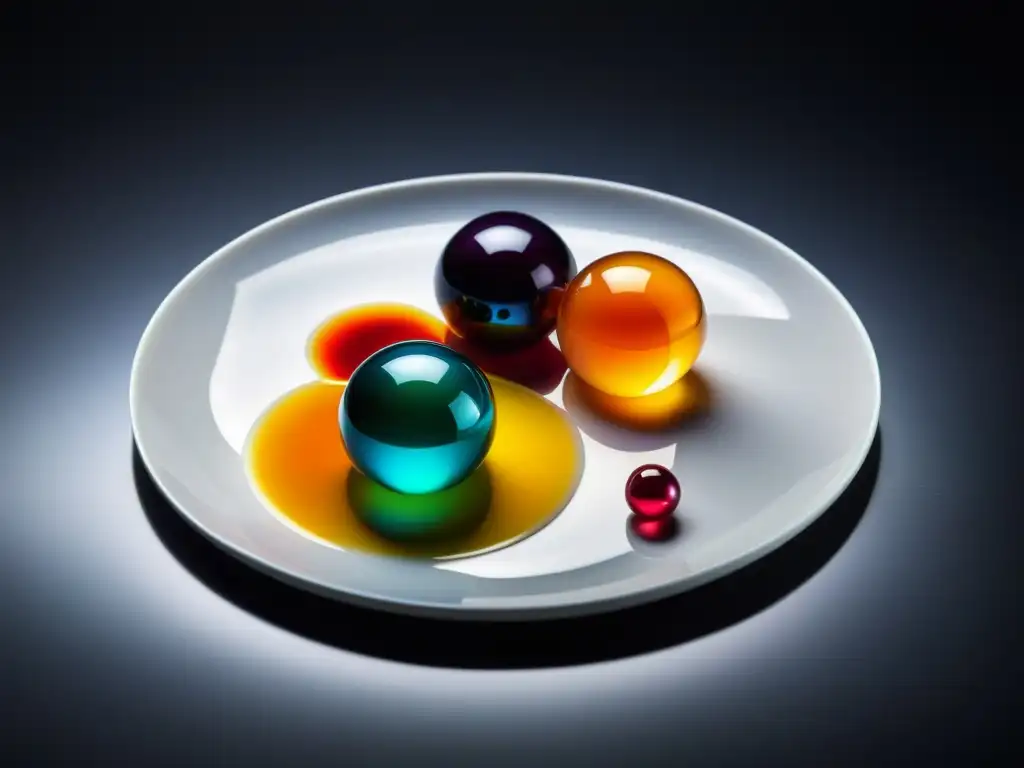 Plato de gastronomía molecular con esferas de líquido vibrantes y precisas, reflejando el entorno de laboratorio culinario