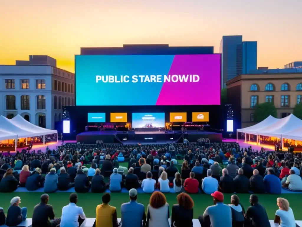 Una plaza vibrante y moderna llena de gente diversa en un evento público al atardecer