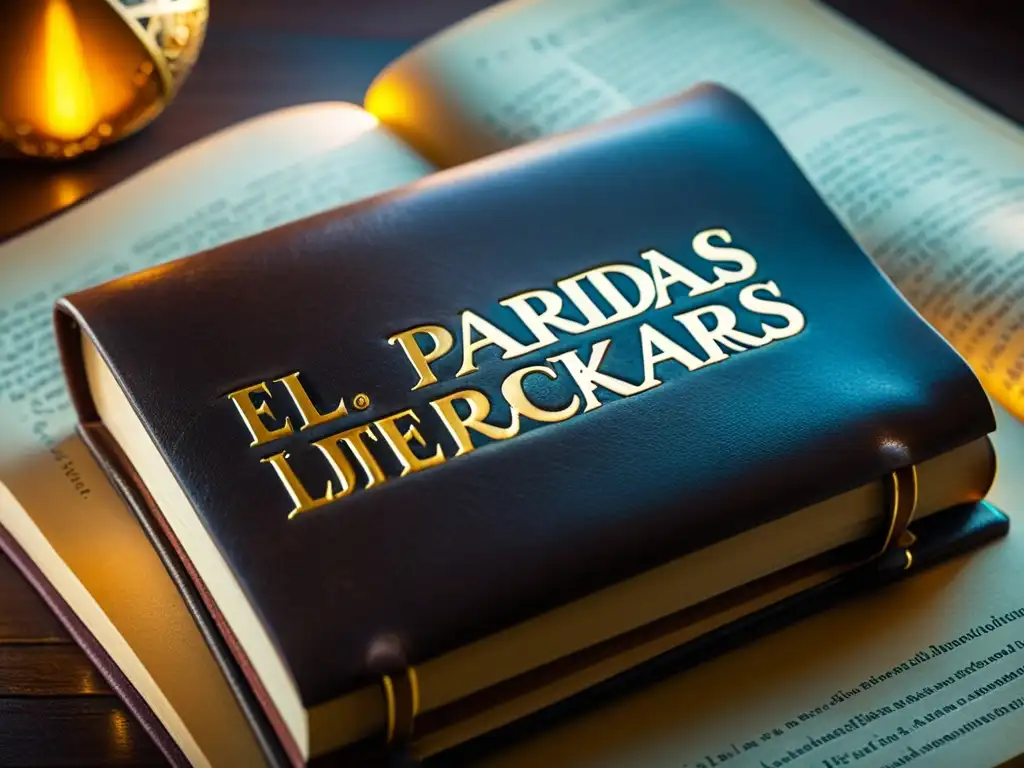 Una pluma vintage descansa sobre un libro de cuero envejecido con la frase 'Protección legal marcas registradas literatura' en relieve dorado