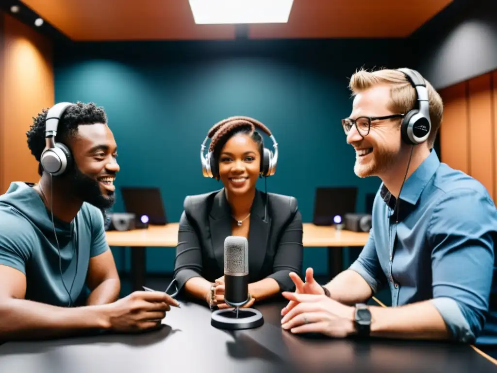 Podcasters creativos debatiendo en estudio moderno, con impacto del podcasting en propiedad intelectual