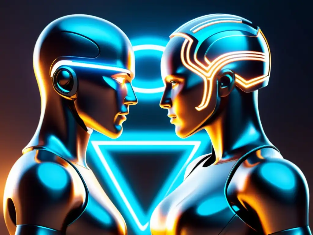 Dos poderosas entidades de inteligencia artificial libran una batalla virtual sobre un logo, con líneas de código y datos entre ellas