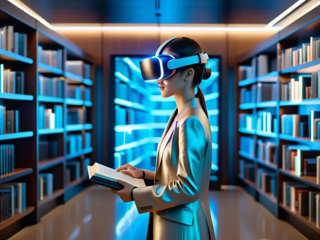 Biblioteca futurista: investigación académica en realidad virtual Predicciones propiedad intelectual académico: Biblioteca digital futurista con libros holográficos, pantallas interactivas y realidad virtual