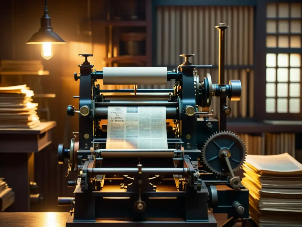 Una prensa de imprenta vintage destaca en una habitación tenue, rodeada de periódicos de diferentes épocas