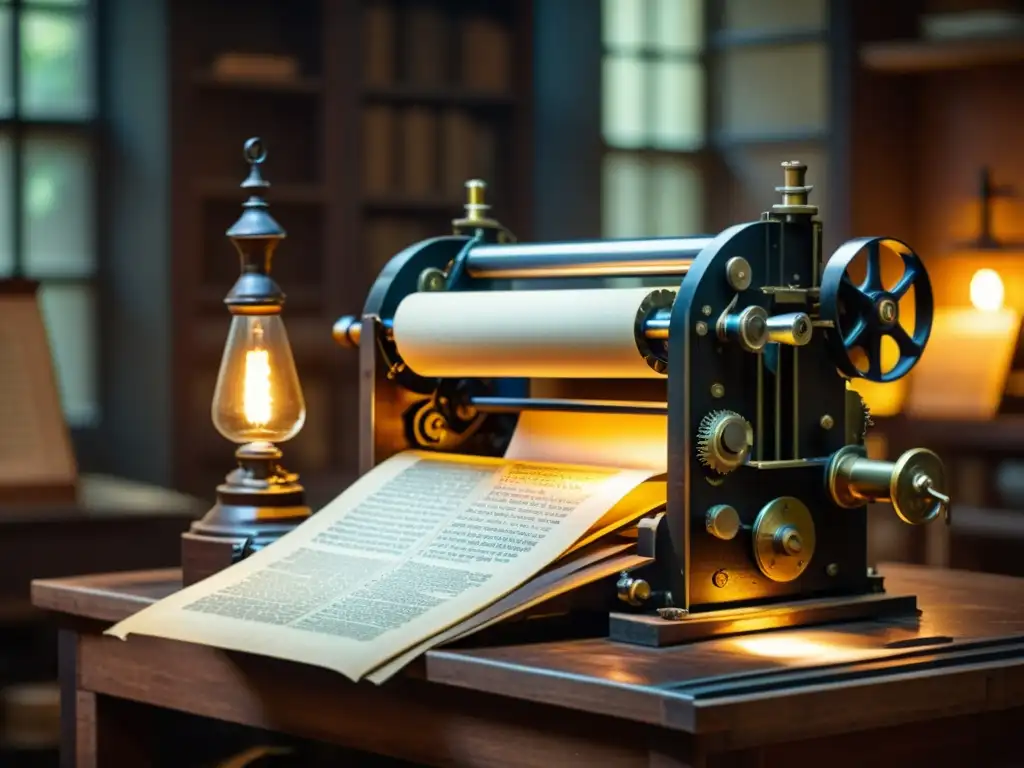 Una prensa de imprenta vintage en una habitación atmosférica, evocando el copyright en el mundo editorial