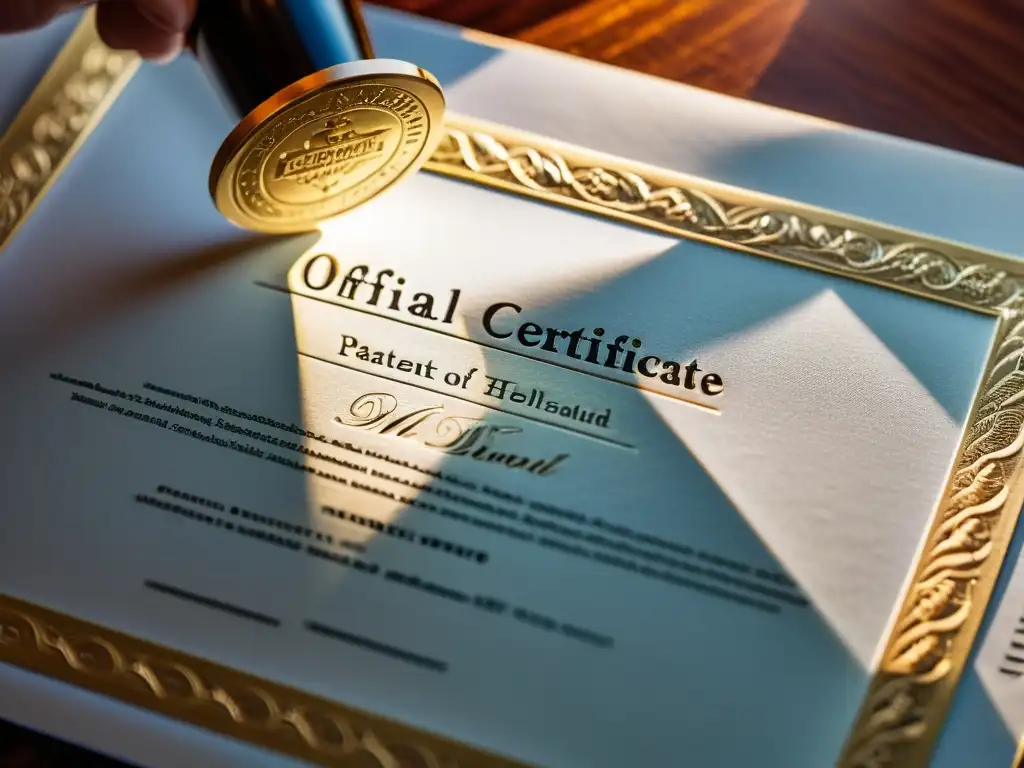 Proceso de renovación de patentes: sellado oficial de certificado con sello dorado, reflejando autoridad y detalle